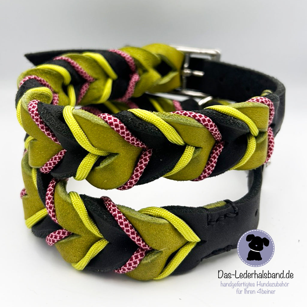 Fettlederhalsband Schwarz-Kiwi mit Paracord | Deluxe Edition