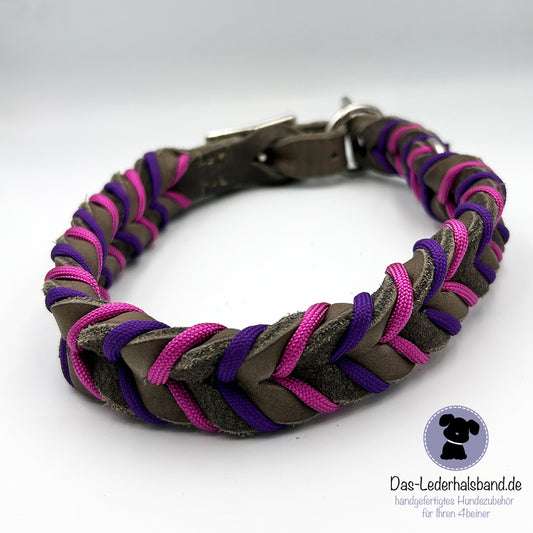 Fettlederhalsband mit Paracord Schlamm-lila-pink | Deluxe Edition