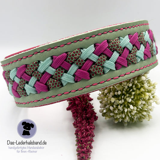 Fettlederhalsband mit Aufflechtung "Mint"