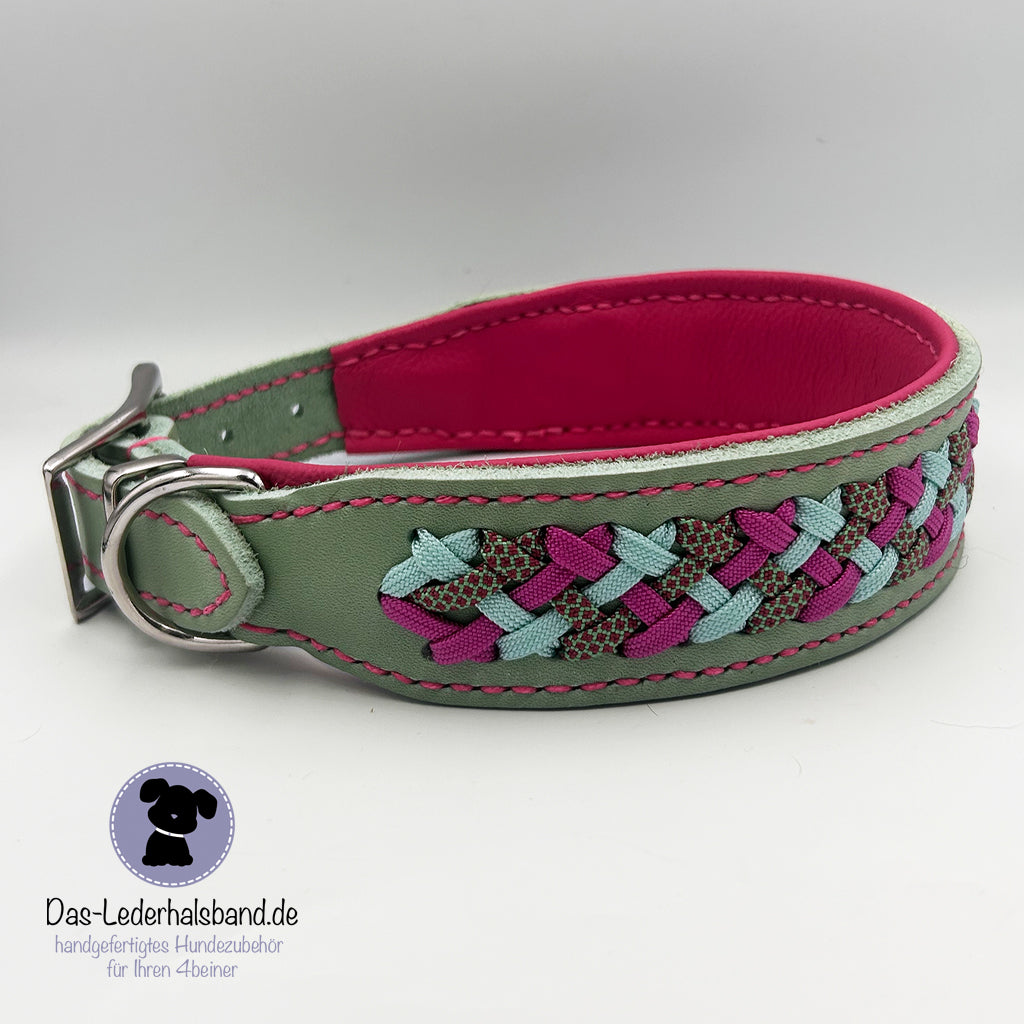 Fettlederhalsband mit Aufflechtung "Mint"
