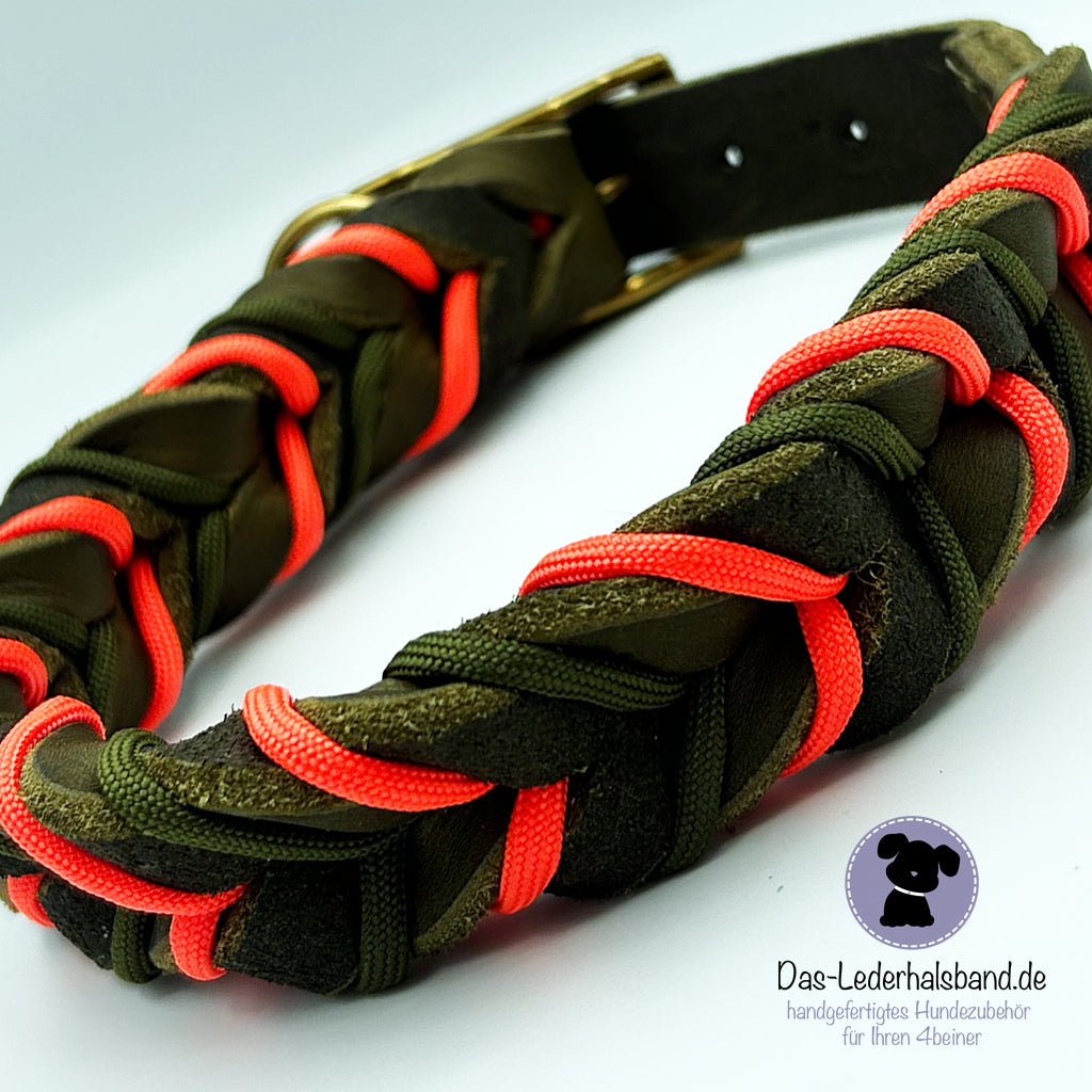 Fettlederhalsband mit Paracord oliv-neon orange | Deluxe Edition