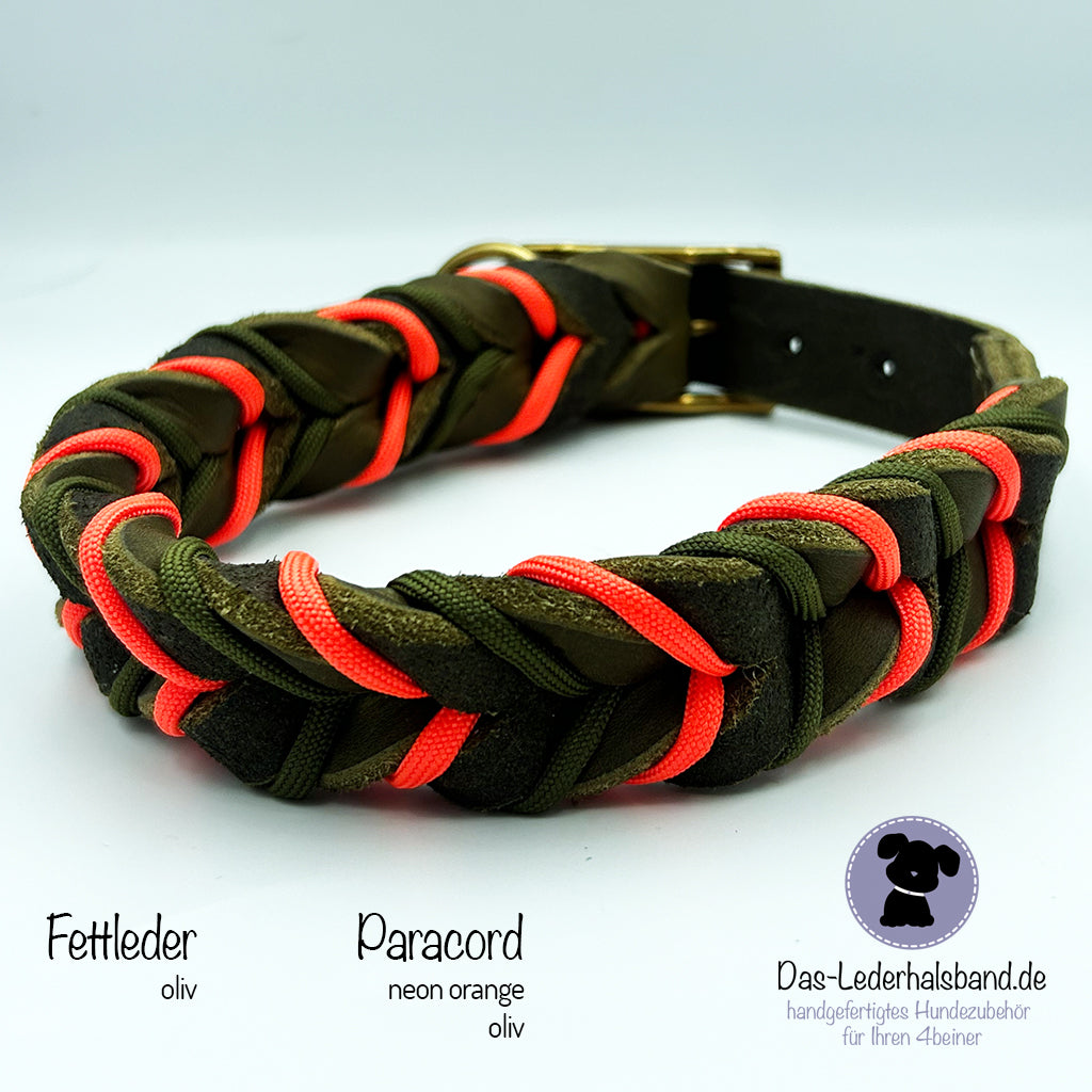 Fettlederhalsband mit Paracord oliv-neon orange | Deluxe Edition