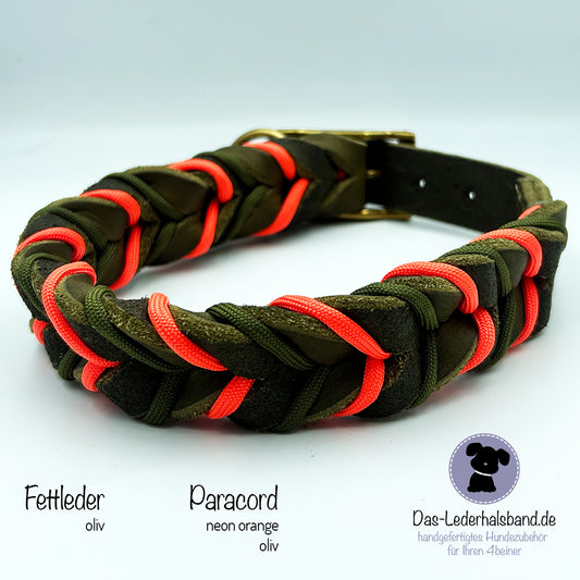 Fettlederhalsband mit Paracord oliv-neon orange | Deluxe Edition