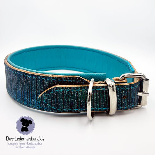 Geprägtes Lederhalsband im Bambus-Style - Türkis