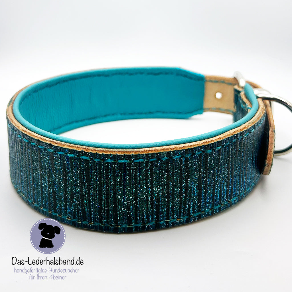 Geprägtes Lederhalsband im Bambus-Style - Türkis