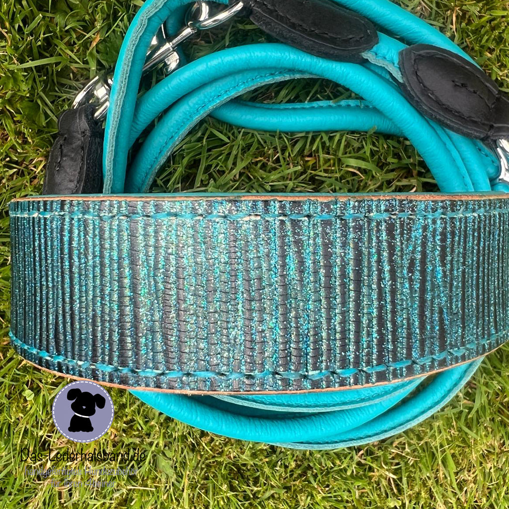 Geprägtes Lederhalsband im Bambus-Style - Türkis