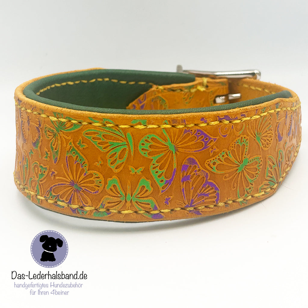 Geprägtes Lederhalsband "Lady Butterfly" in gelb