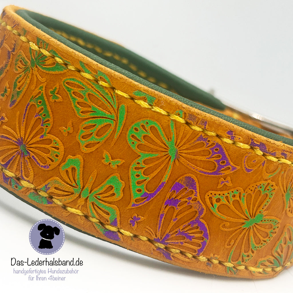Geprägtes Lederhalsband "Lady Butterfly" in gelb