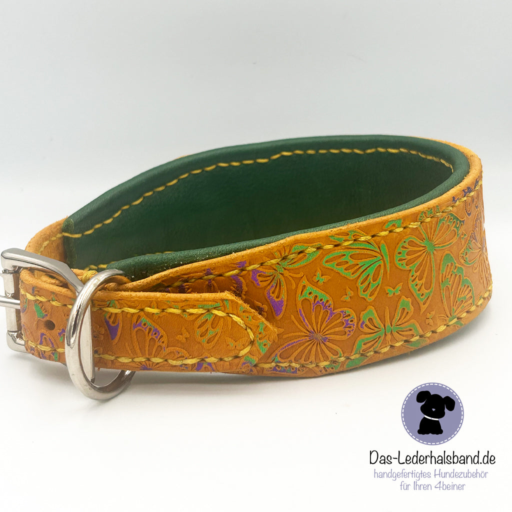 Geprägtes Lederhalsband "Lady Butterfly" in gelb