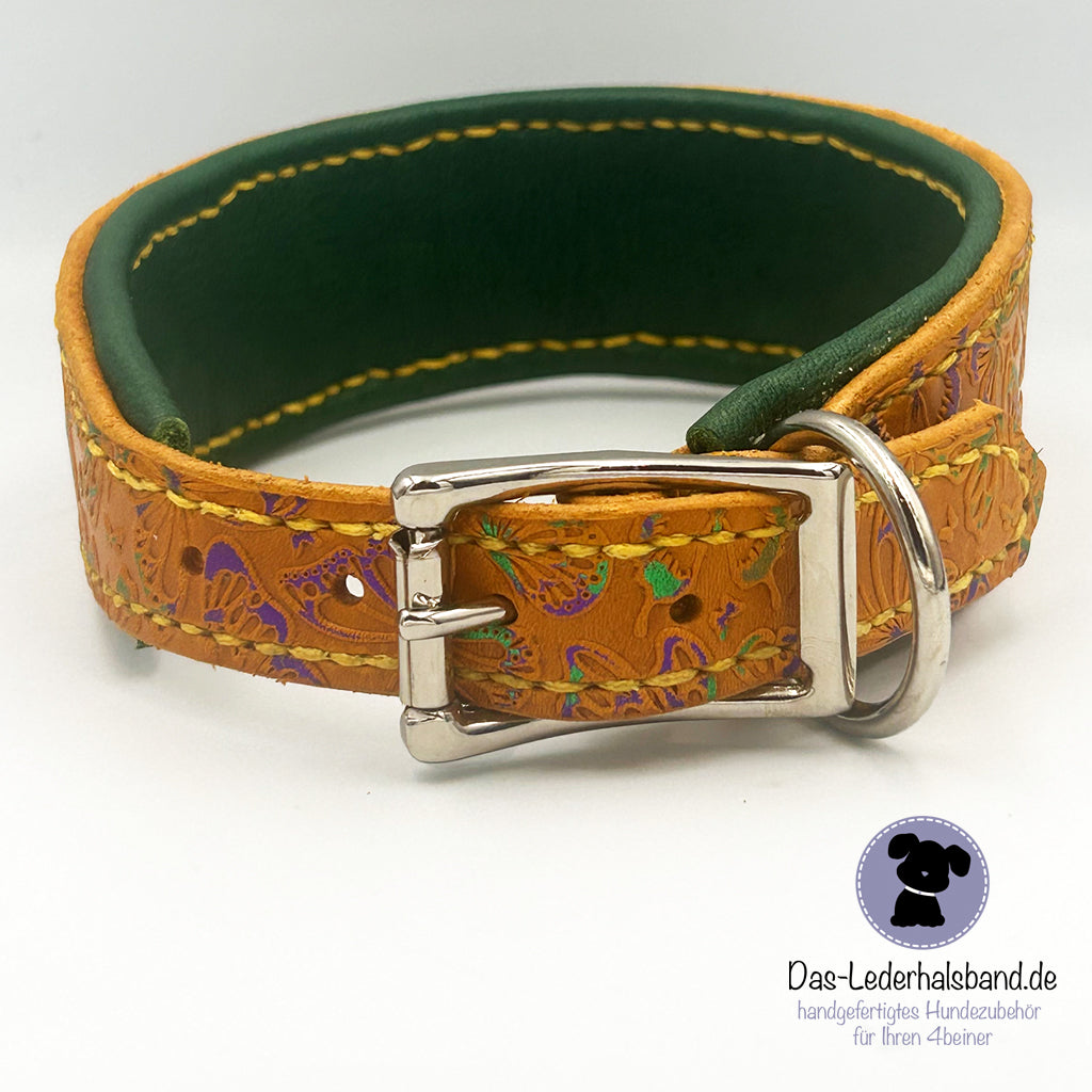 Geprägtes Lederhalsband "Lady Butterfly" in gelb