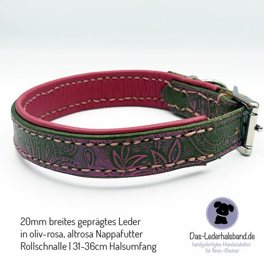 Sofortkauf: Geprägtes Lederhalsband "Paisley" 31-36cm - Oliv-rosa