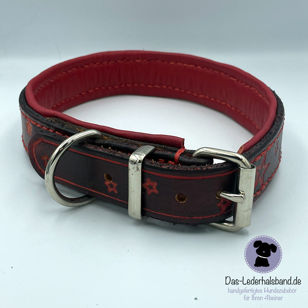 Unikat - Lederhalsband Sterne 42-47cm - schwarz-rot