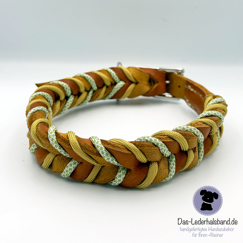 Fettlederhalsband mit Paracord cognac-creme-gruen | Deluxe Edition