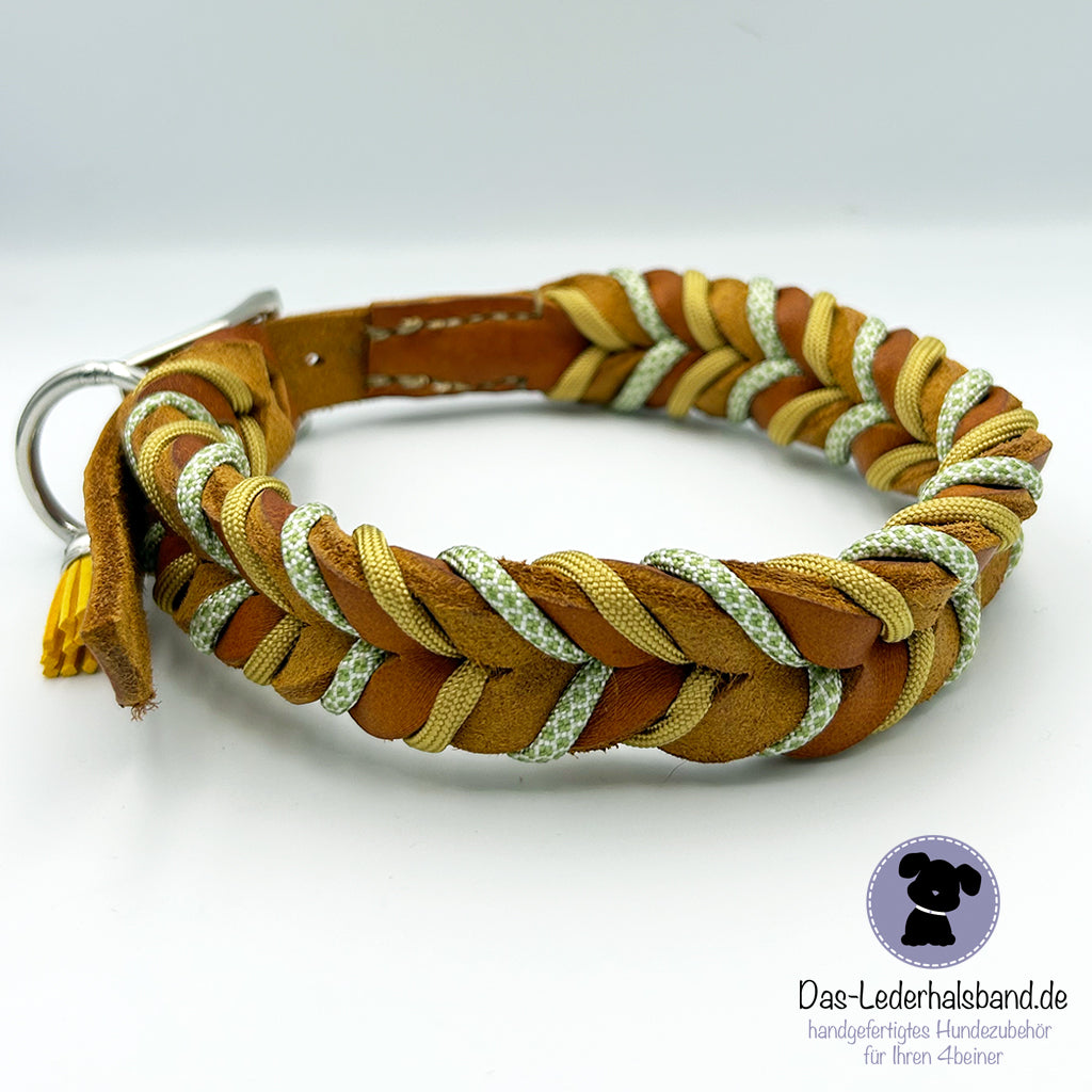 Fettlederhalsband mit Paracord cognac-creme-gruen | Deluxe Edition