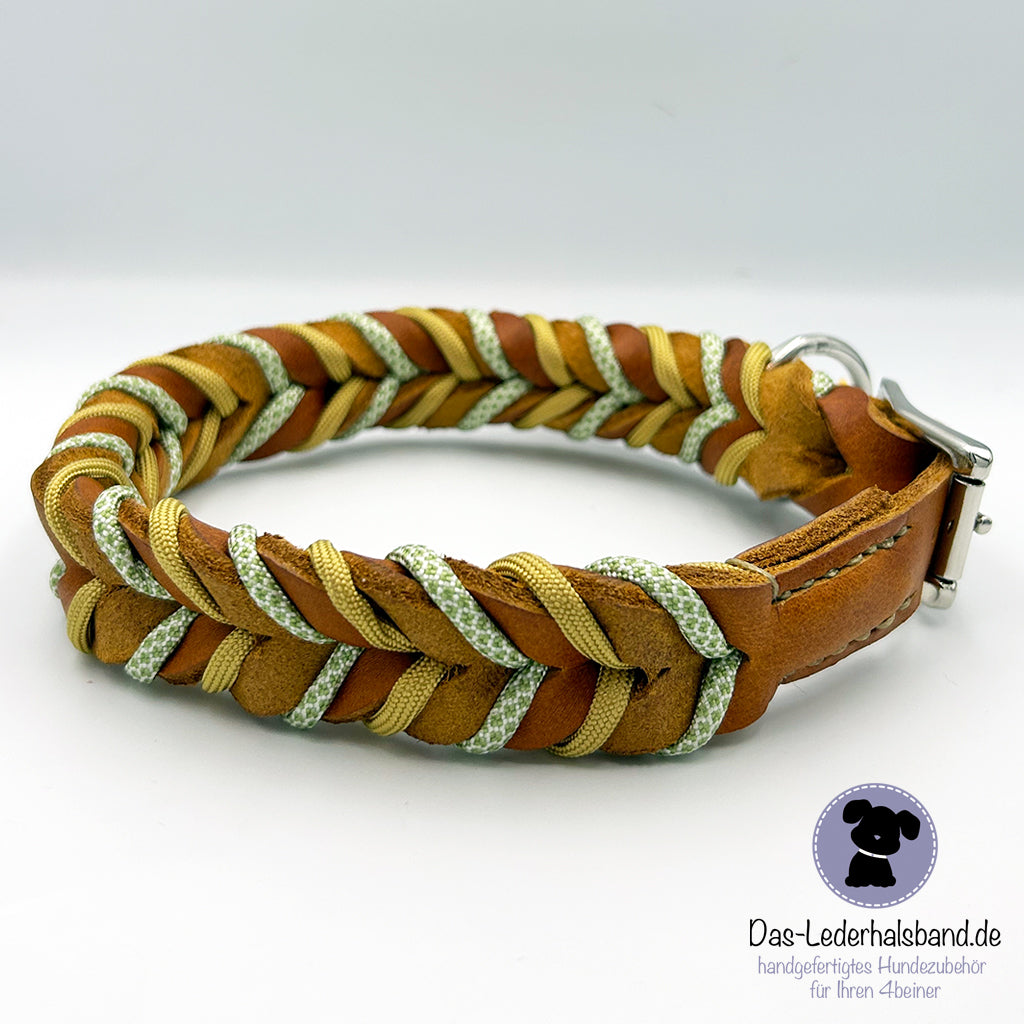 Fettlederhalsband mit Paracord cognac-creme-gruen | Deluxe Edition