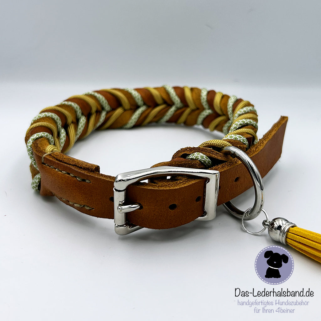 Fettlederhalsband mit Paracord cognac-creme-gruen | Deluxe Edition