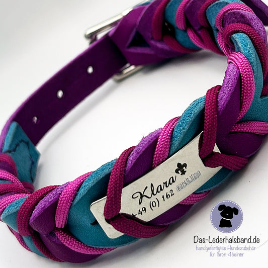 Fettlederhalsband mit Paracord Purpur-Türkis | Deluxe Edition