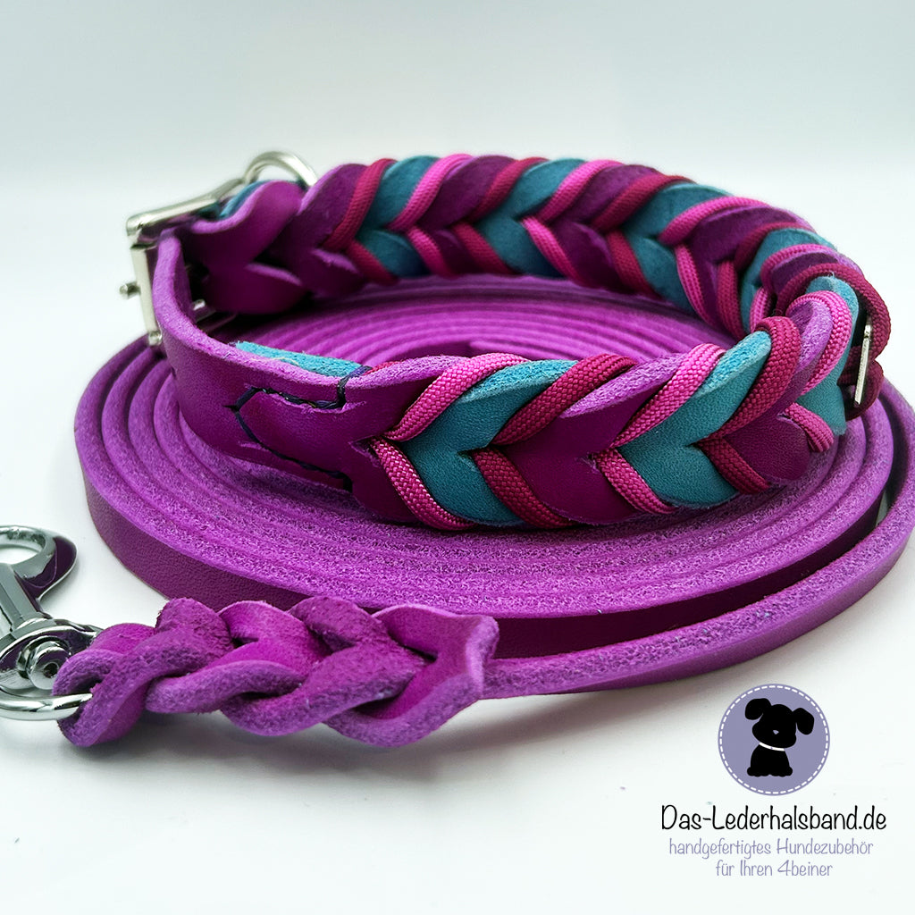 Fettlederhalsband mit Paracord Purpur-Türkis | Deluxe Edition