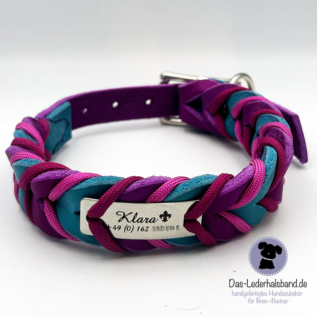 Fettlederhalsband mit Paracord Purpur-Türkis | Deluxe Edition