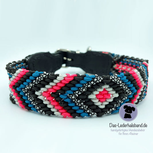 Geknüpftes Paracord-Halsband mit Leder - 40mm schwarz-türkis-pink - 41-47cm