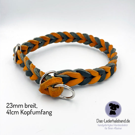 Fettlederhalsband Zugstop orange-grau - Kopfumfang 41cm