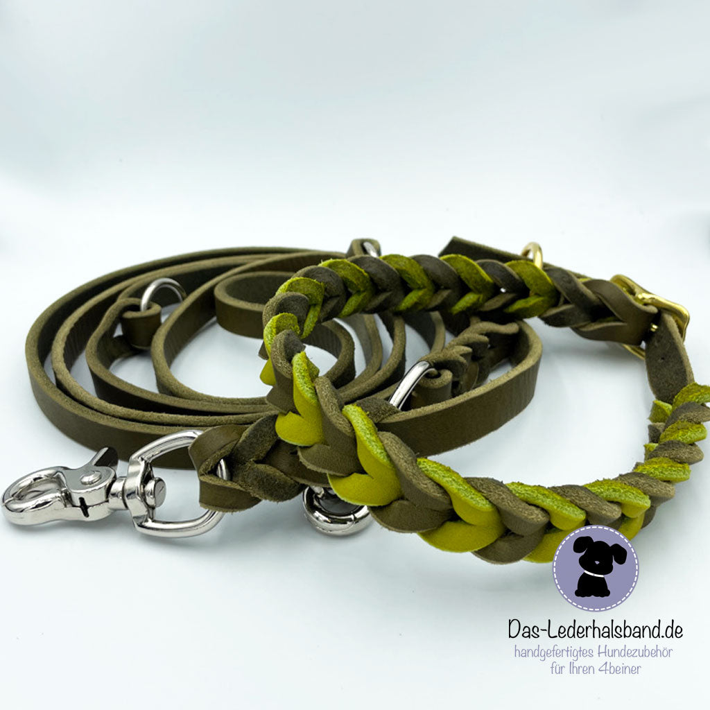 Set | Fettlederhalsband mit Leine DUO in oliv-limegreen