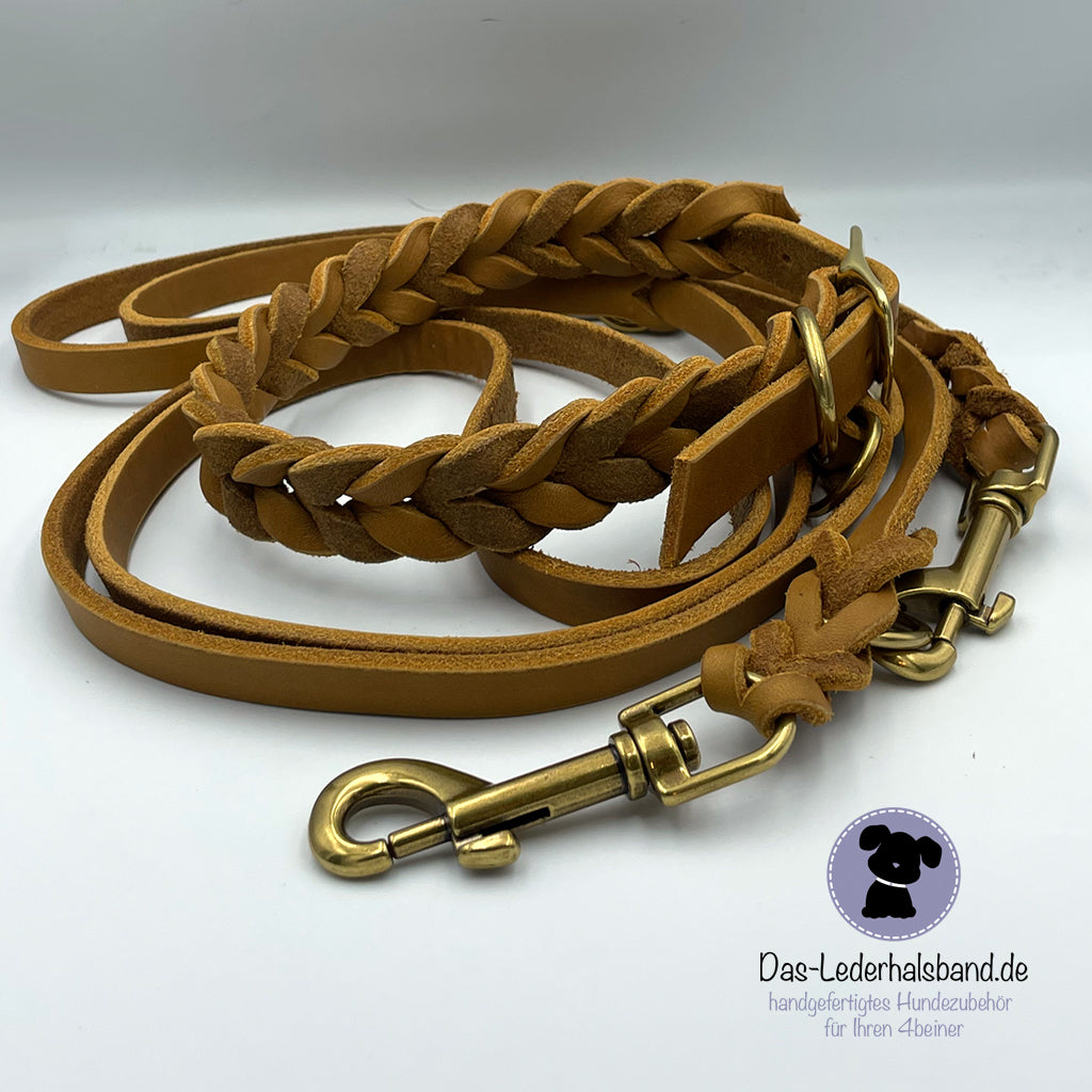 Set | Fettlederhalsband mit Leine in cognac