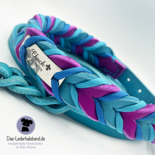 Fettlederhalsband mit Paracord Türkis-Purpur | Deluxe Edition