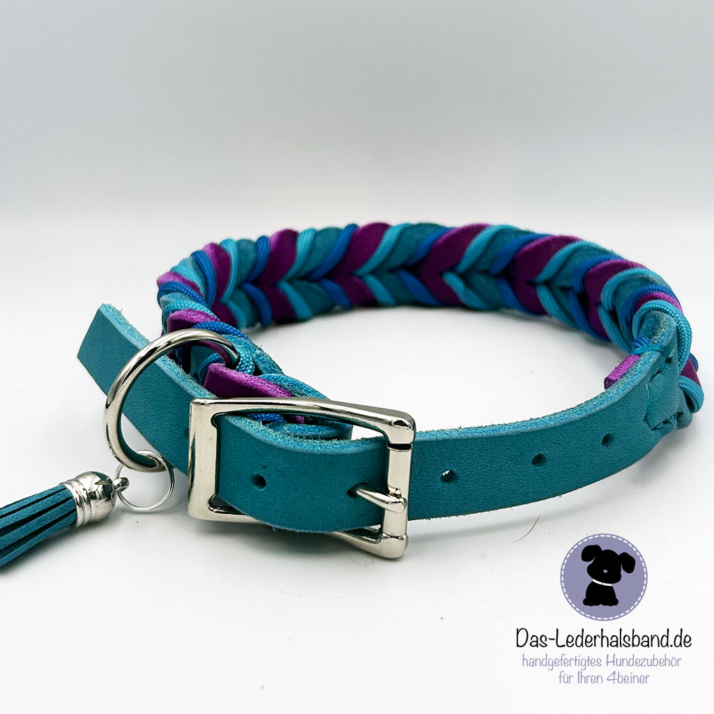 Fettlederhalsband mit Paracord Türkis-Purpur | Deluxe Edition