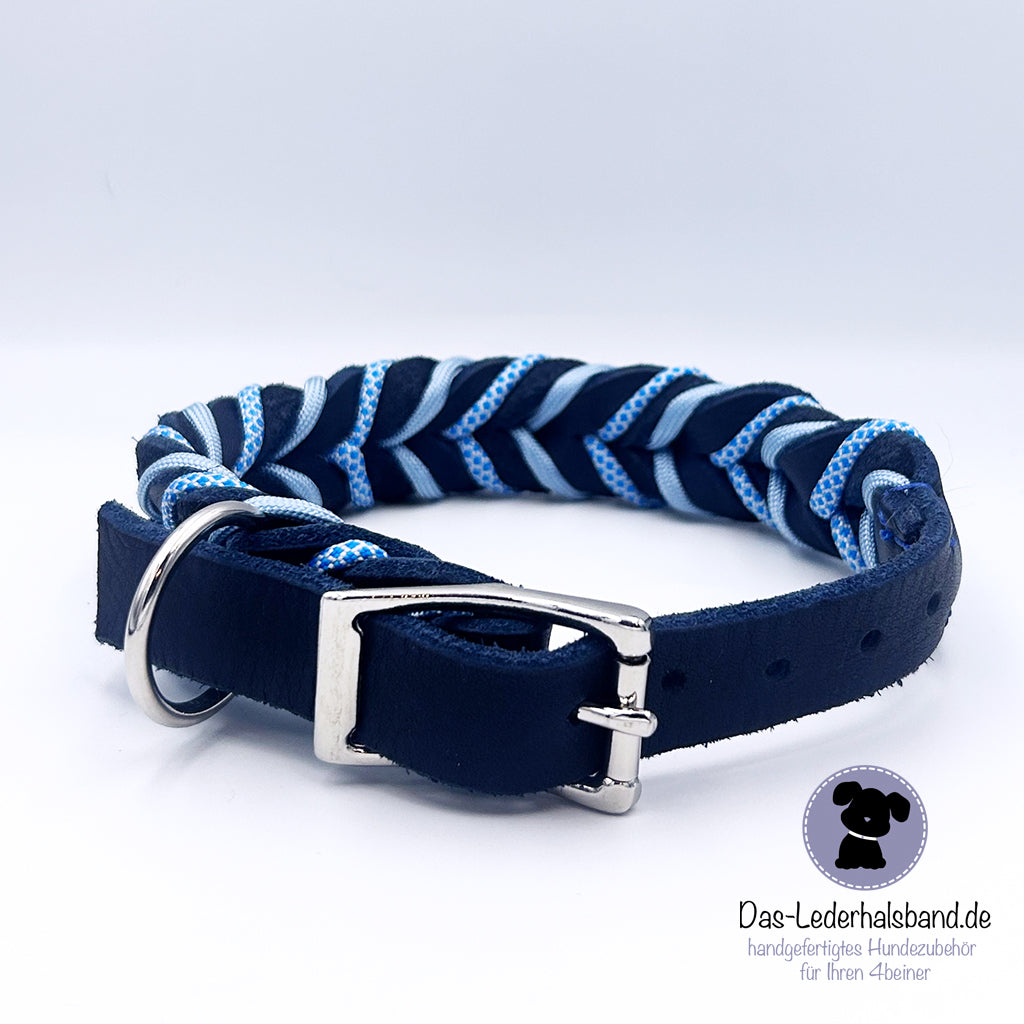 Fettlederhalsband mit Paracord Dunkelblau-Babyblau | Deluxe Edition