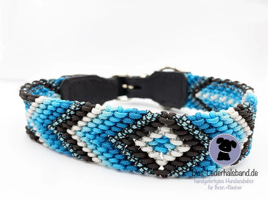 Geknüpftes Paracord-Halsband mit Leder - 40mm schwarz-türkis - 43-49cm