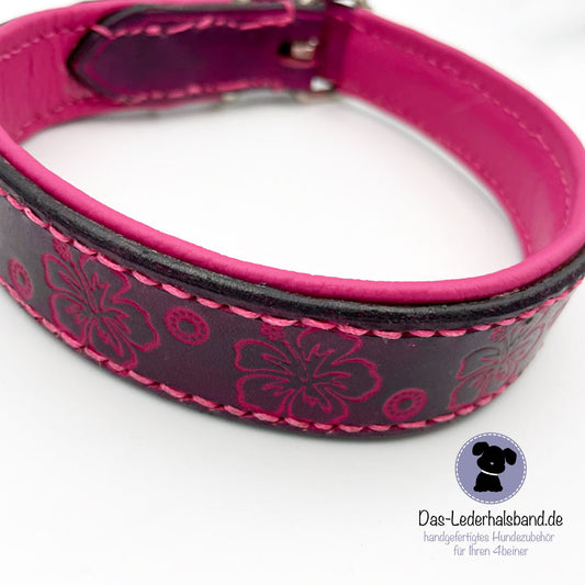 Unikat - Lederhalsband Gerbera 43-47cm - schwarz-pink