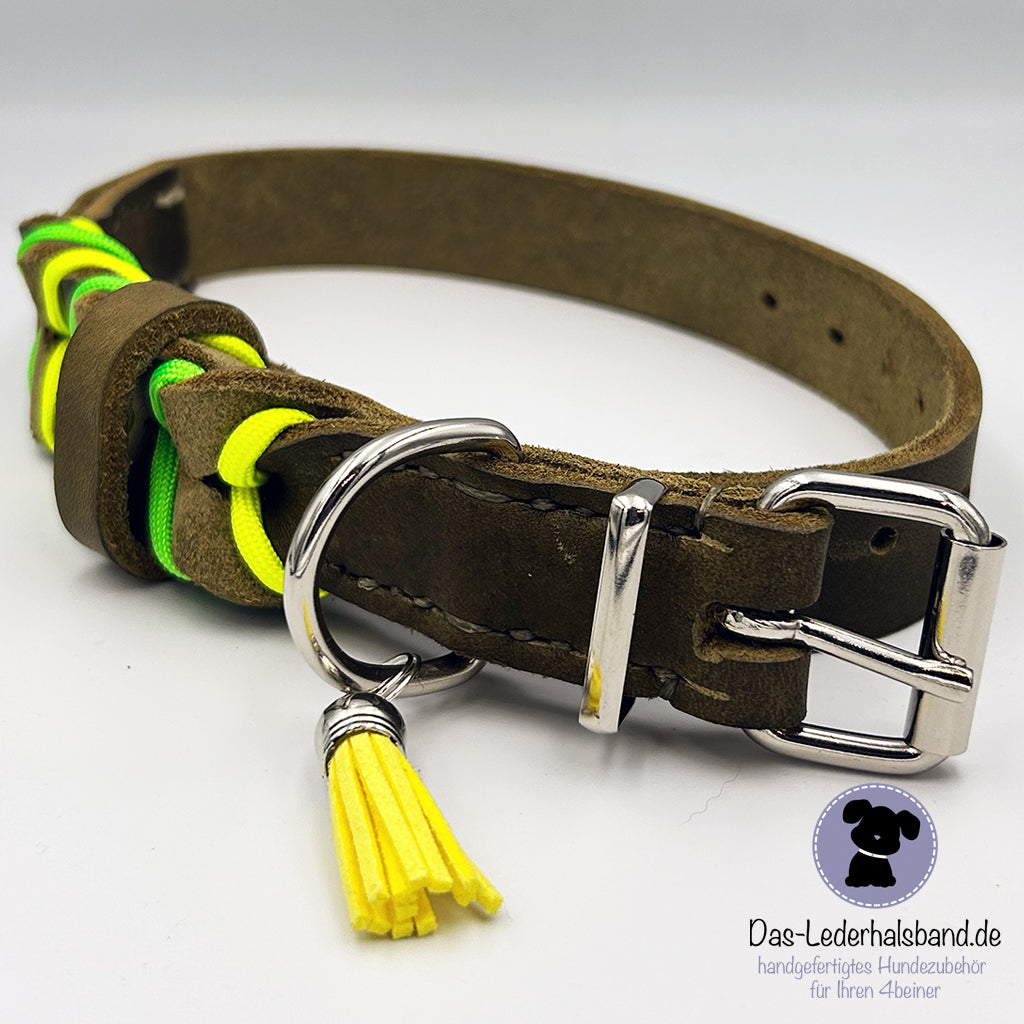 Fettlederhalshalsband PURE+ in oliv mit Paracord - in 4 Größen erhältlich