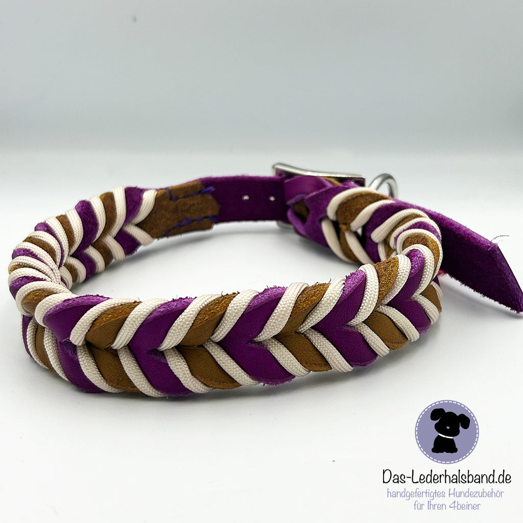 Fettlederhalsband mit Paracord purpur-cognac | Deluxe Edition