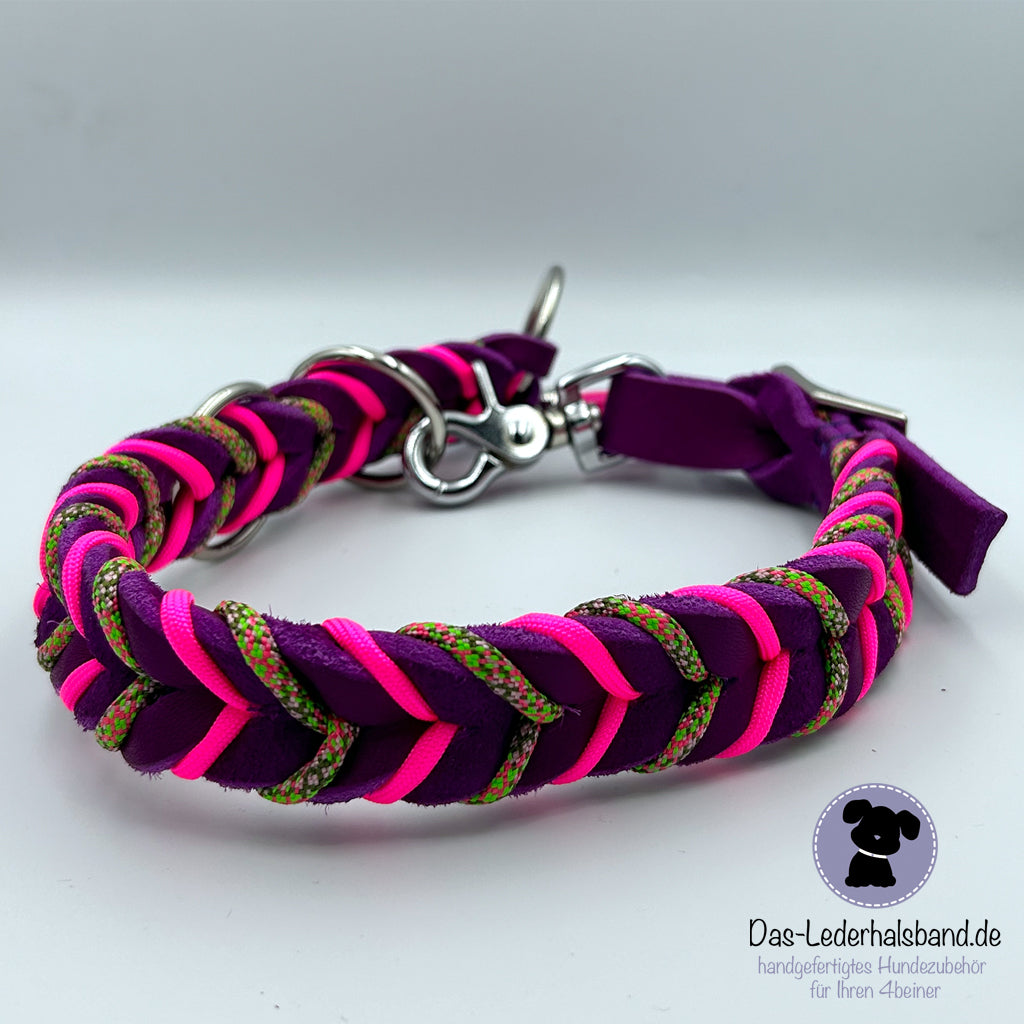 Fettlederhalsband mit Paracord purpur-neon pink| Deluxe Edition