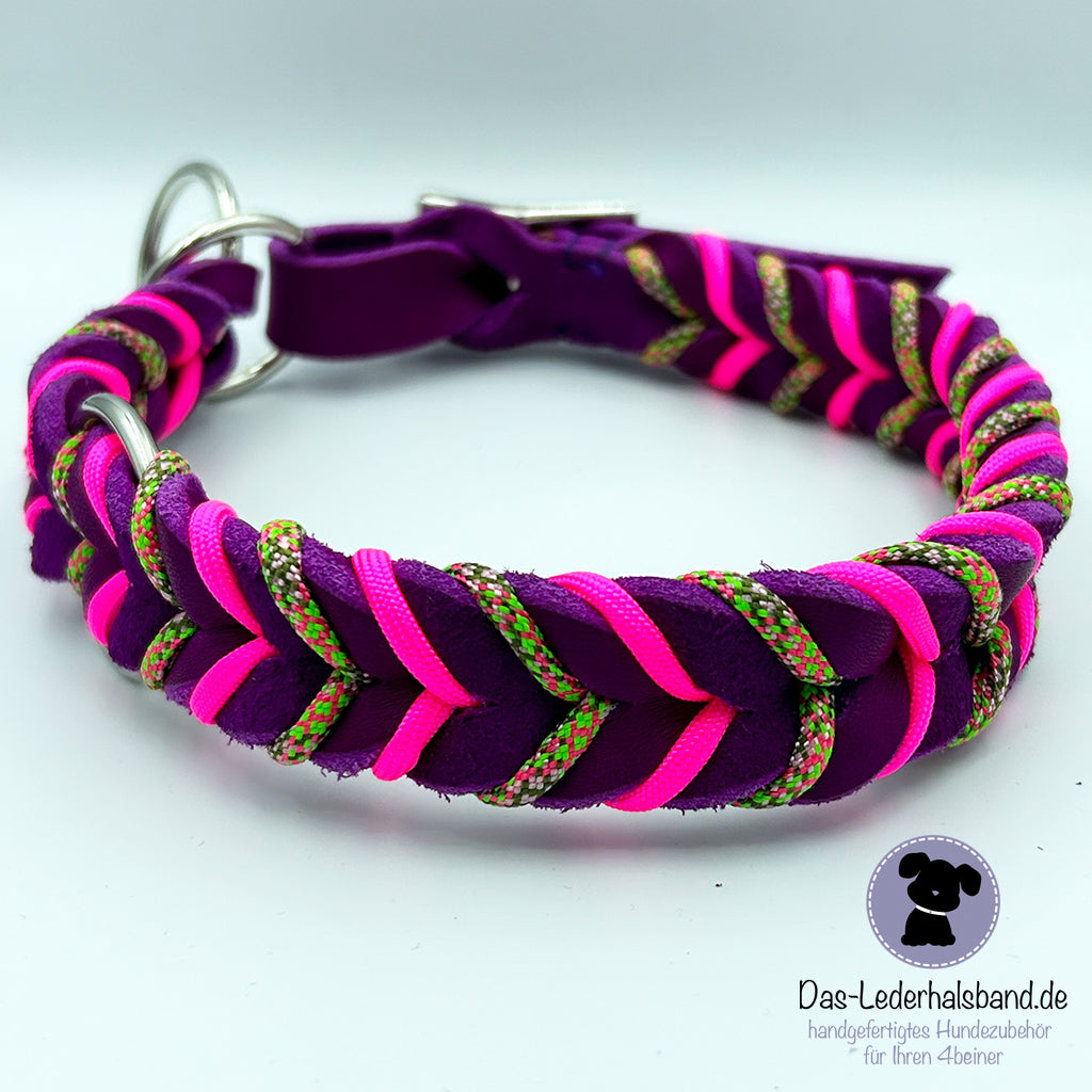 Fettlederhalsband mit Paracord purpur-neon pink| Deluxe Edition