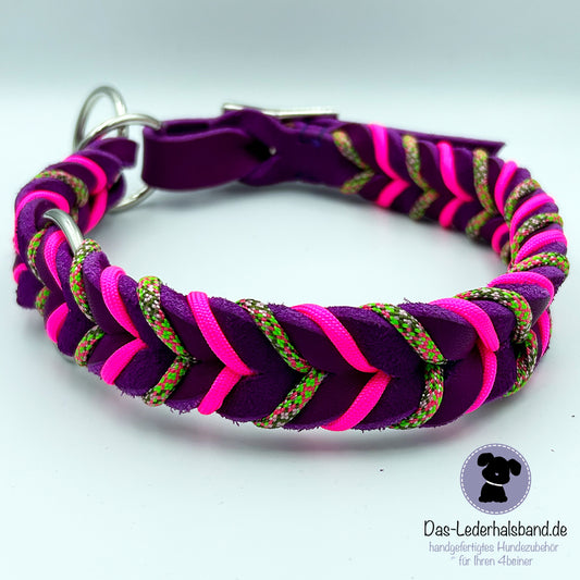 Fettlederhalsband mit Paracord purpur-neon pink| Deluxe Edition