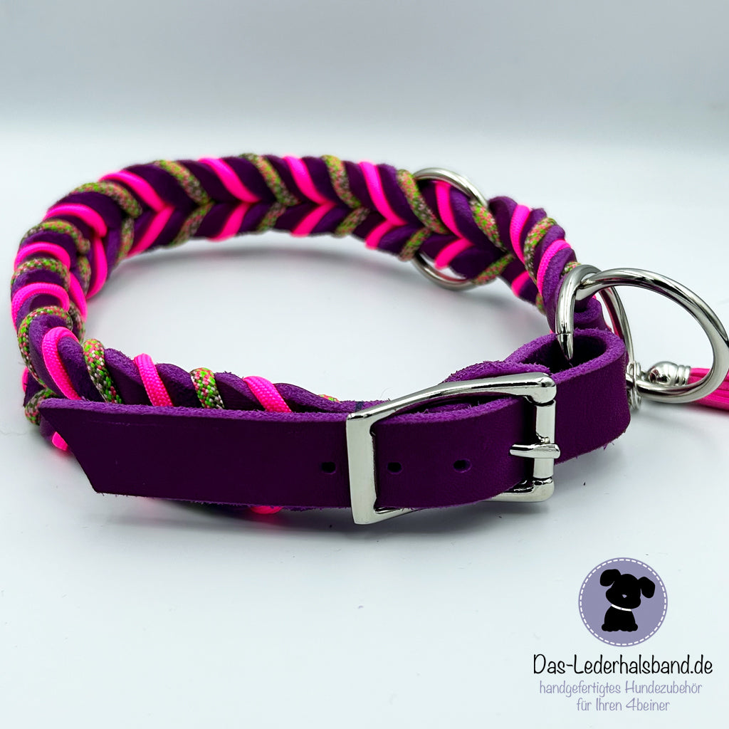 Fettlederhalsband mit Paracord purpur-neon pink| Deluxe Edition