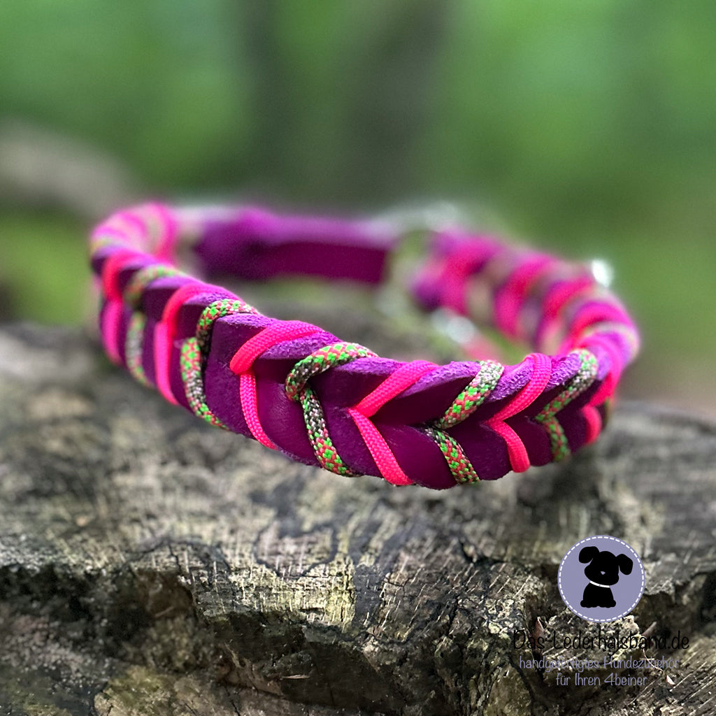 Fettlederhalsband mit Paracord purpur-neon pink| Deluxe Edition