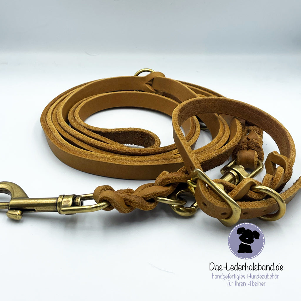 Set | Fettlederhalsband mit Leine PURE in Cognac